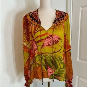 Bl^nk Tropical Print Peasant Blouse with Ruffle Collar